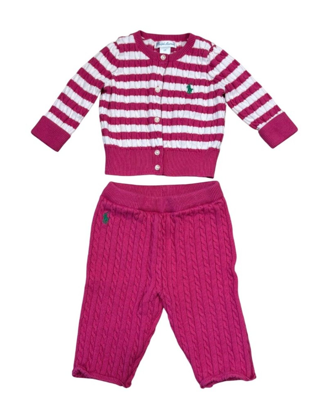 Ralph Lauren Baby Girls Pink & White Cable Knit Cardigan And Pants Set 6M